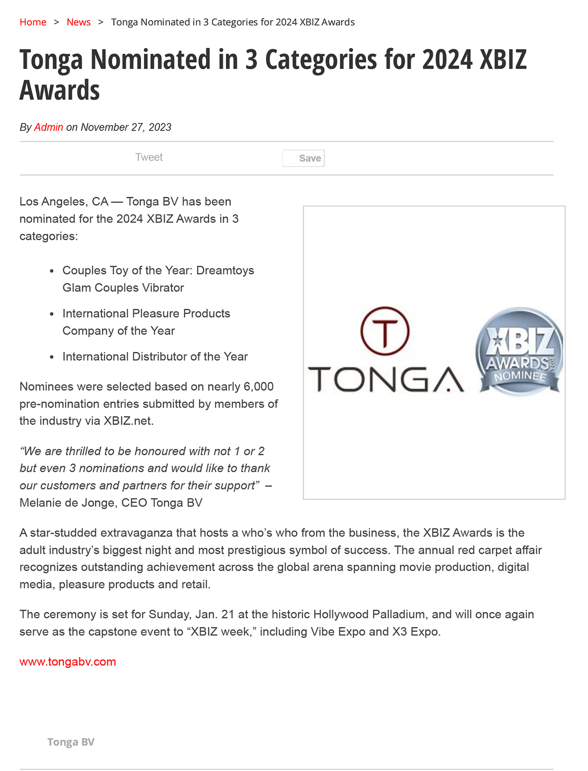2023-11 Synergymedia - Tonga Nominated in 3 Categories for 2024 XBIZ Awards